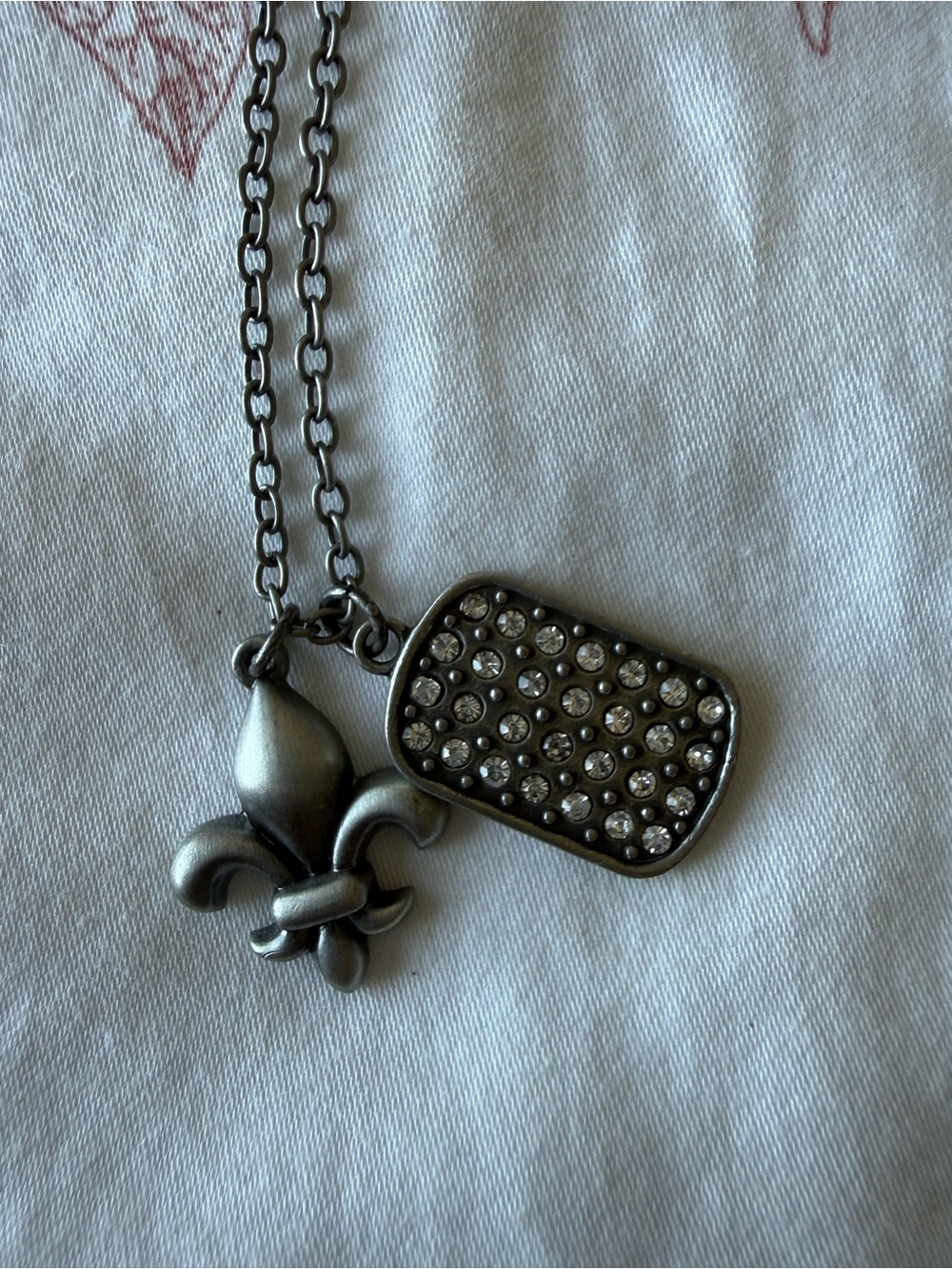 Fleur-de-Lis & Crystal Dog Tag Necklace - Gunmetal